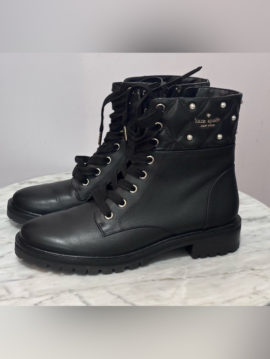 kate spade Shoes - Kate Spade Billie Pearl Combat Boots Black Leather Quilted Studded Size 7.5